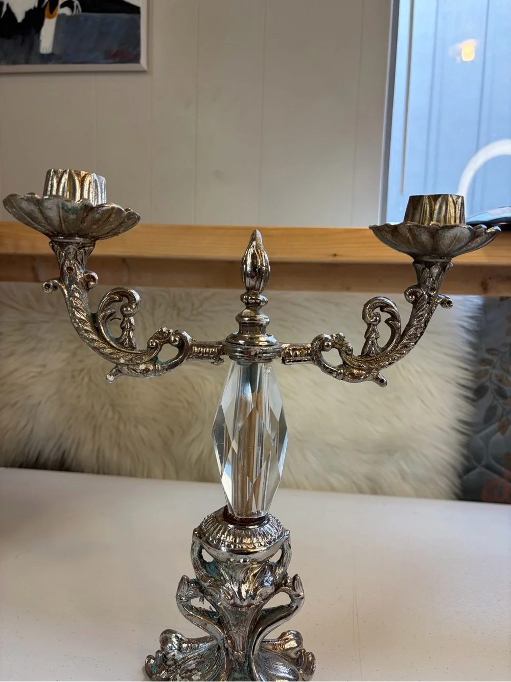 Vintage Silver Tone Crystal Double Arm Candelabra Candle Holder Baroque Decor - Picture 4 of 11